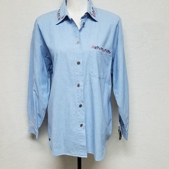 VINTAGE 1990s Deadstock New Look Chambray Button Up Floral Embroidered Blouse - Picture 4 of 14